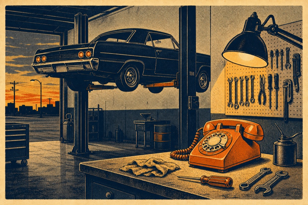 Vintage illustration: garage bay with a classic car on a lift at evening
