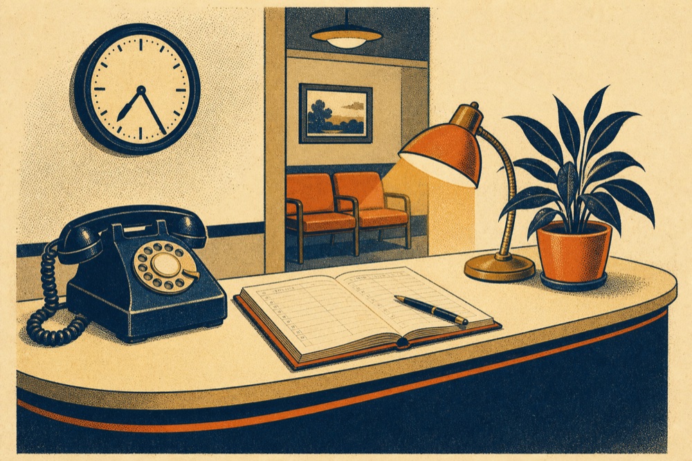 Vintage illustration: cozy reception desk with rotary phone and appointment book