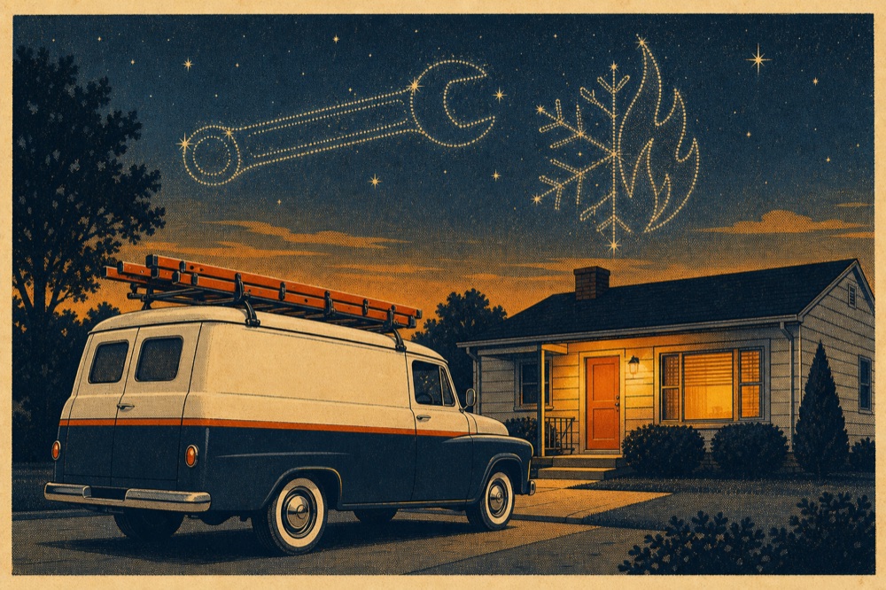 Vintage illustration: service van in front of a house at dusk