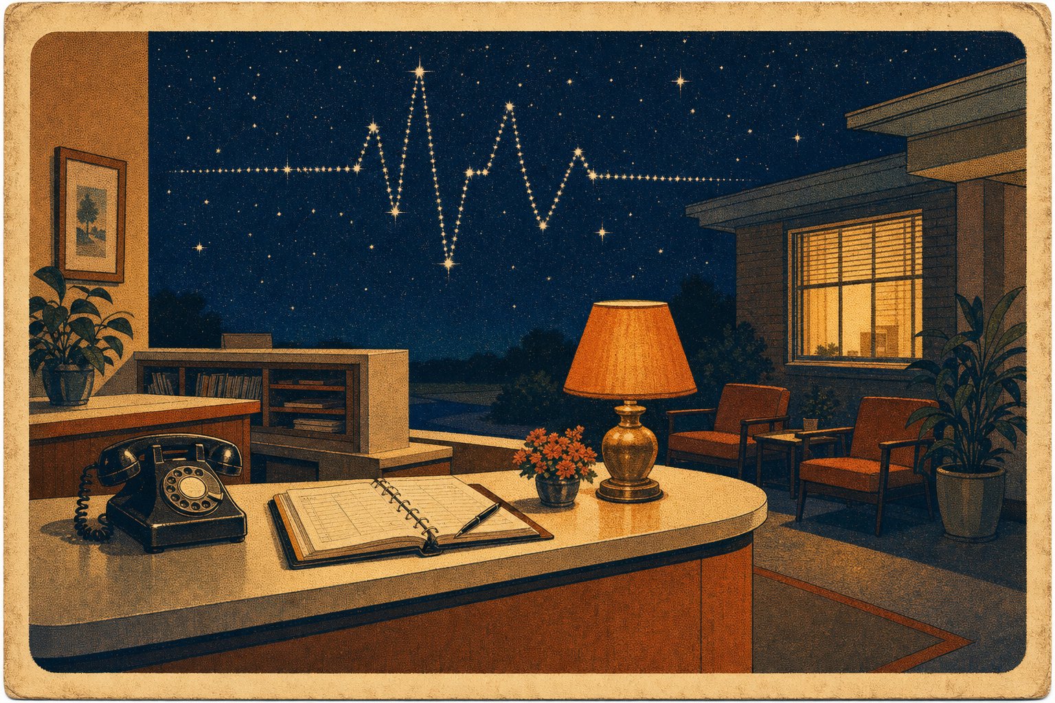 Vintage illustration: warm 1950s doctor’s-office reception at night