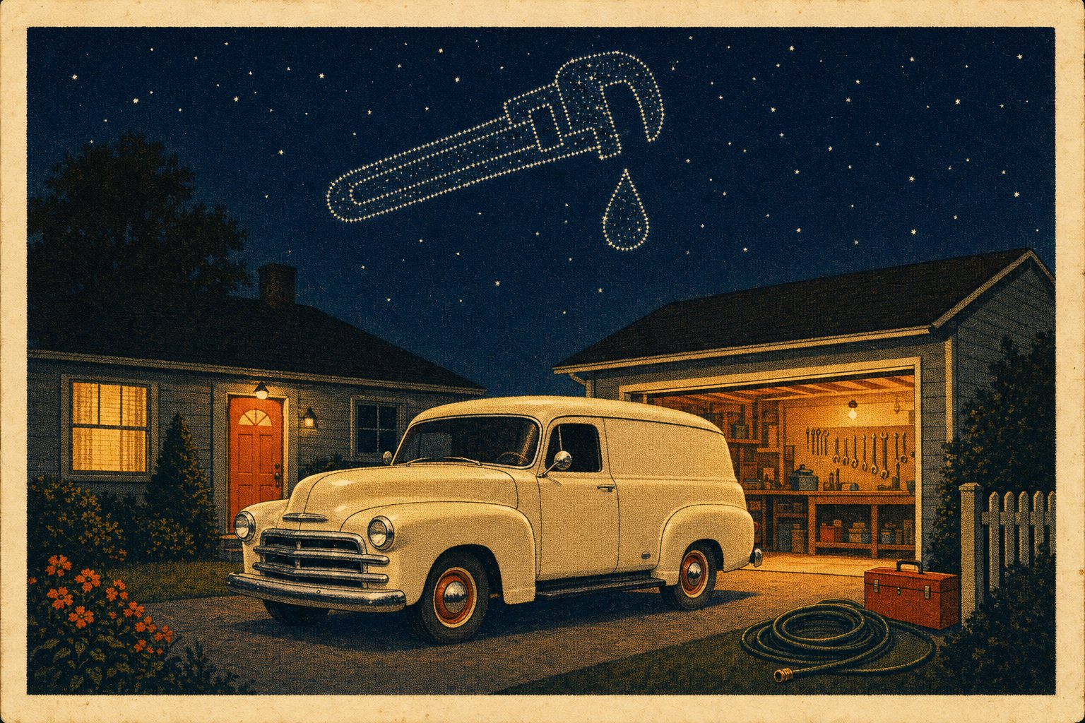 Vintage illustration: plumber’s panel van at night, pipe-wrench constellation in the sky