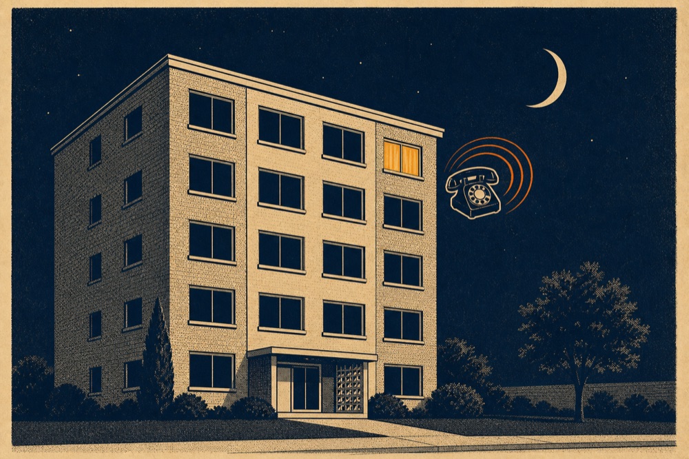 Vintage illustration: apartment building at night, one window lit, phone ringing